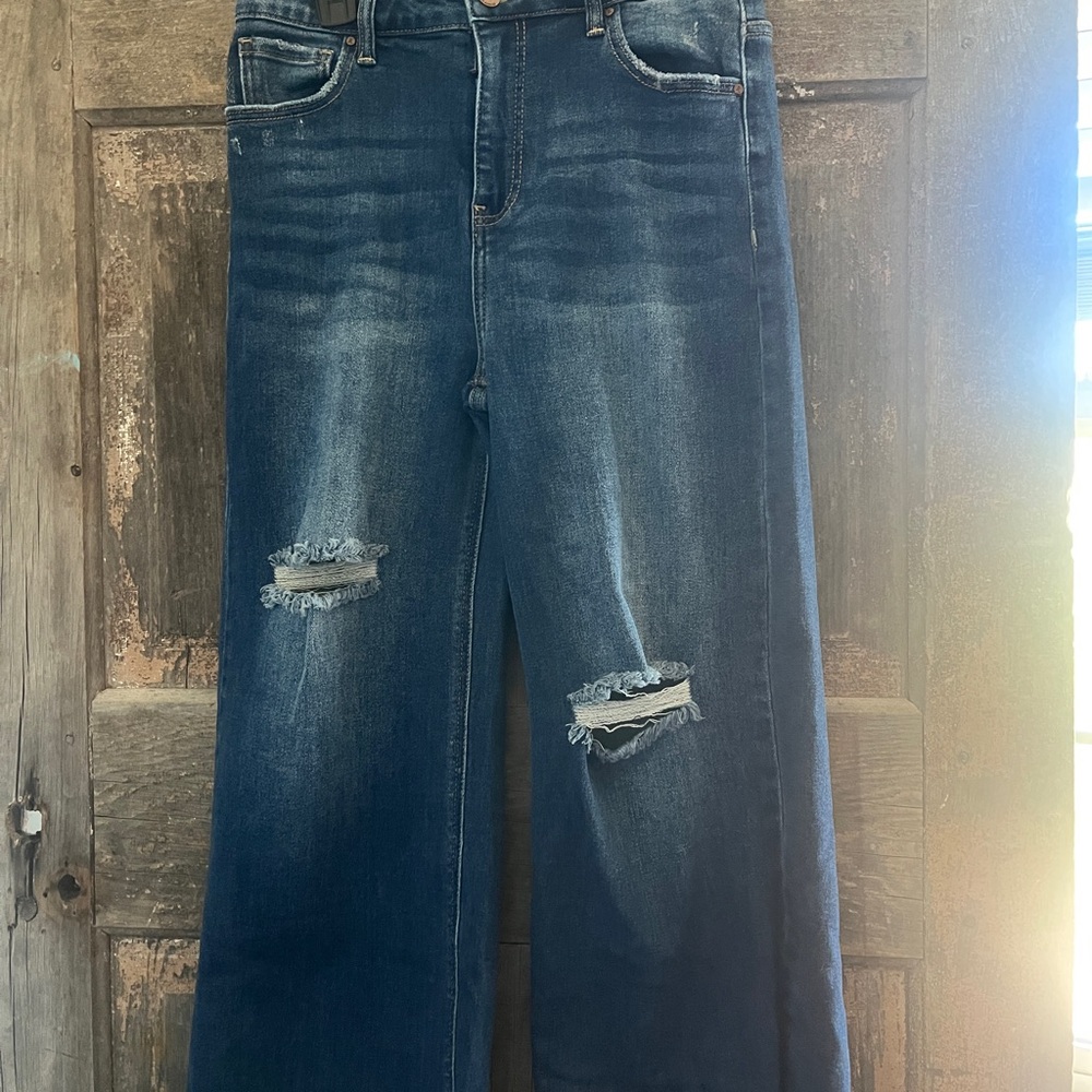 Blue Flare Wide Leg Jeans with Distressed Details